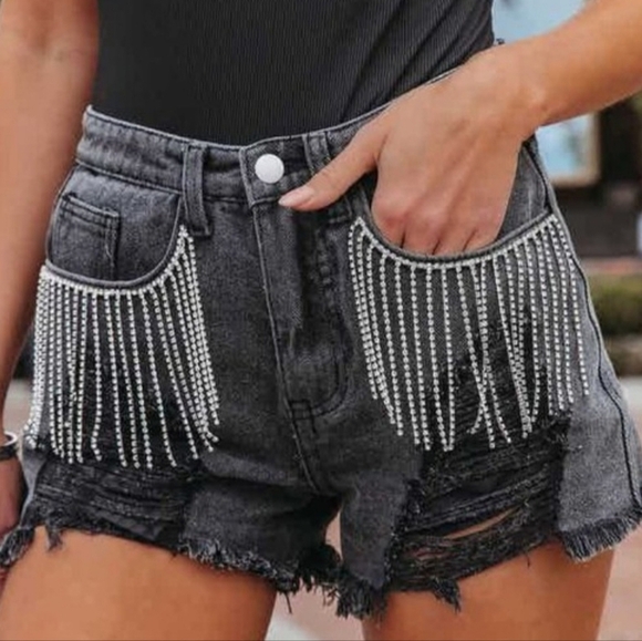 Black Distressed Frayed Detail Fringe Rhinestone Denim Shorts - Picture 7 of 11